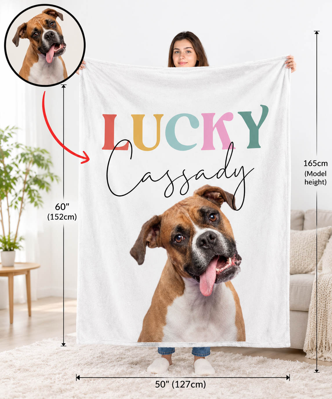 Custom Pet Portrait Blanket, Personalized Dog Photo Throw Blanket with Name