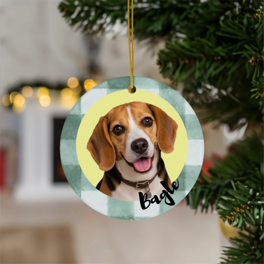 Custom pet photo ceramic ornament with gingham border and personalized nam
